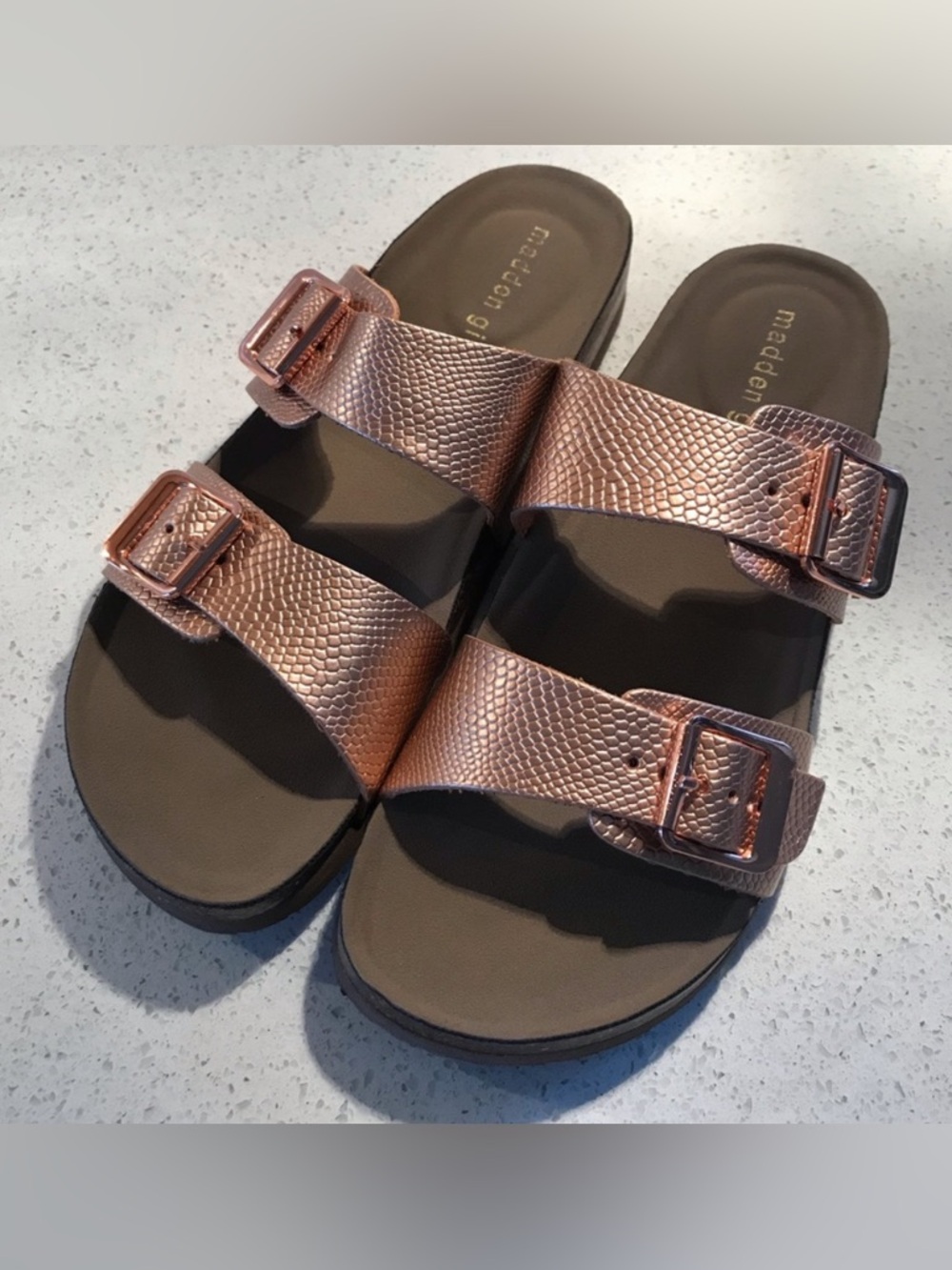 Madden Girl Metallic Rose Gold Textured Double-Buckle Slide Sandals